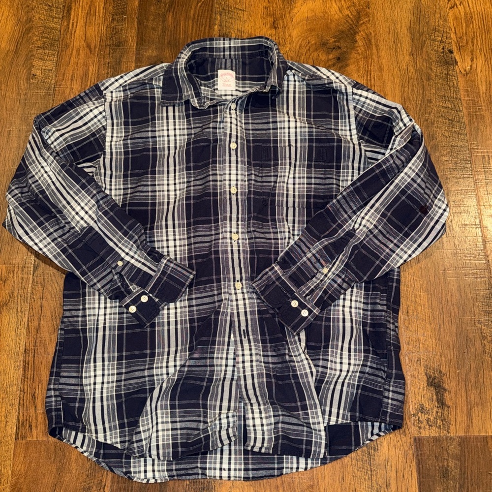 Men's Brook Brother Plaid Shirt - navy blue and White